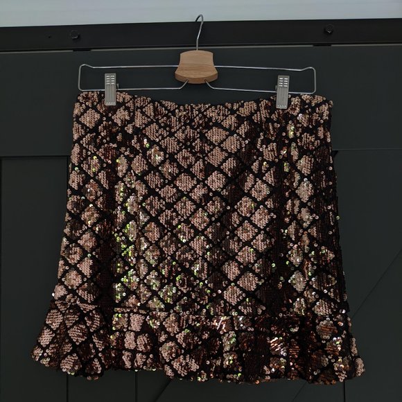 Pink and Black Sequin Mini Skirt with Ruffle - Picture 1 of 5